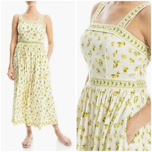💕MAX STUDIO💕 Print Fit & Flare Maxi Dress ~ Natural Lemon Harvest Large L NWT